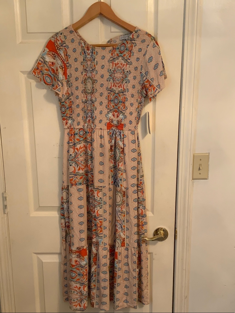 East Fork & Co. Miss Sparkling Smocked Boho Peach Beige Midi Small Dress NWT